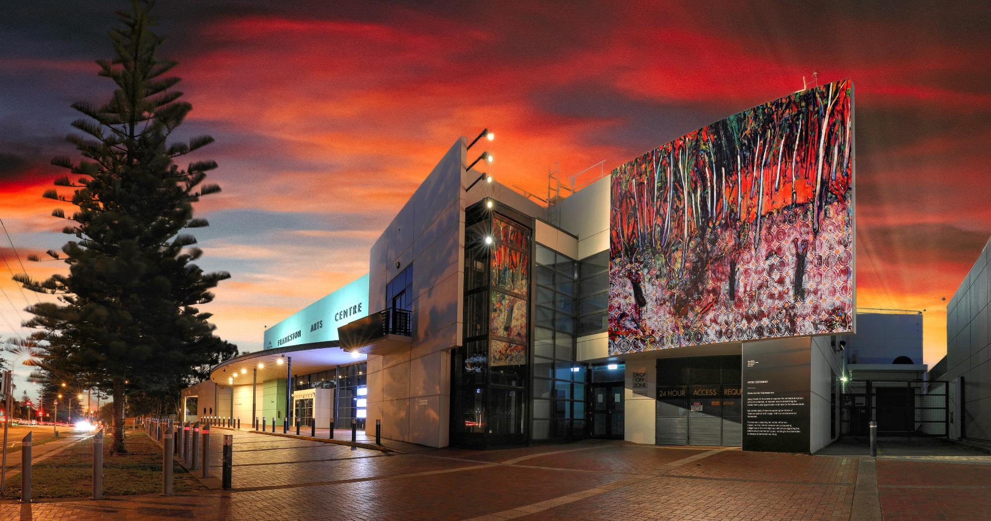 External view of Frankston Arts Centre with red sky