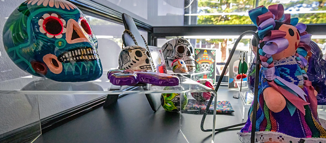 Ventana Artisan pieces in glass cabinet in foyer of Frankston Arts Centre