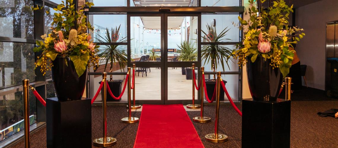 Red carpet entru setup to balcony deck at Frankston Arts Centre