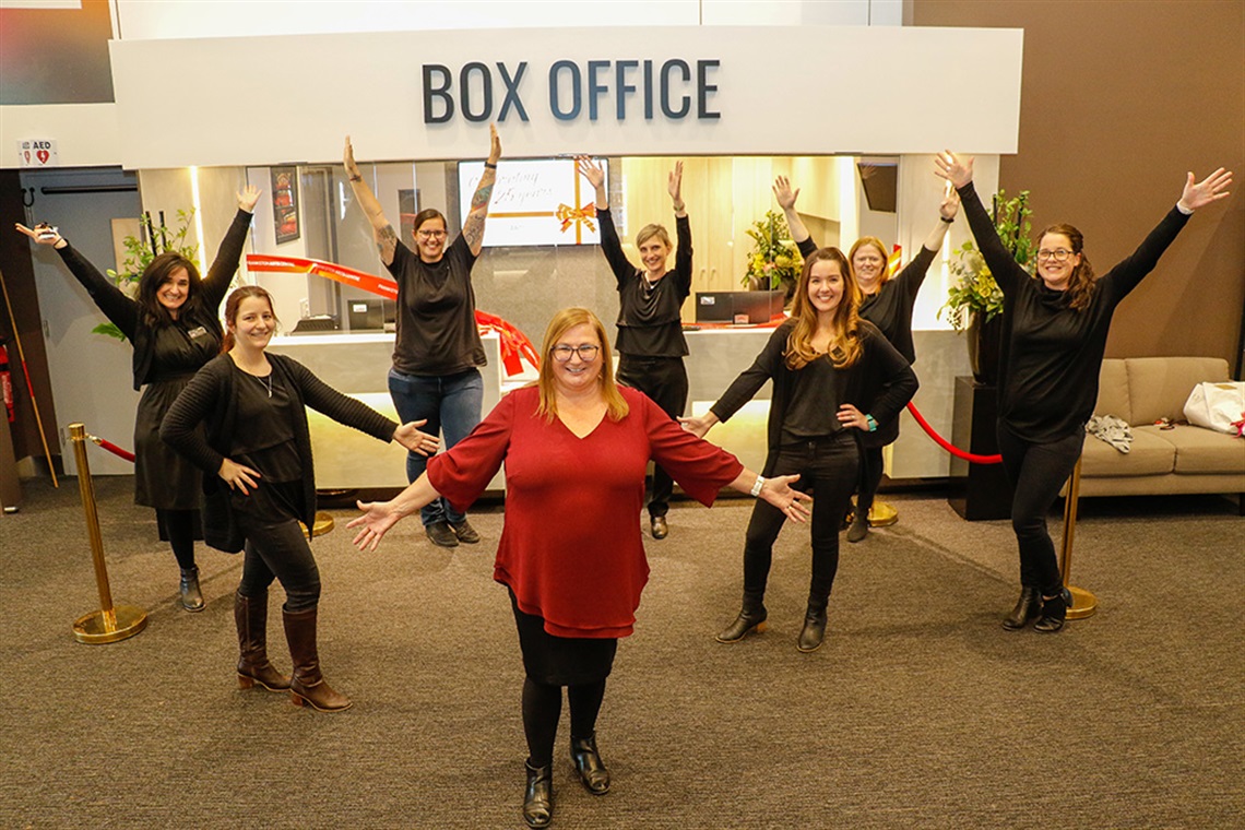 Box Office team present our new Box Office with dramatic dance poses LARGE IMAGE at Frankston Arts Centre