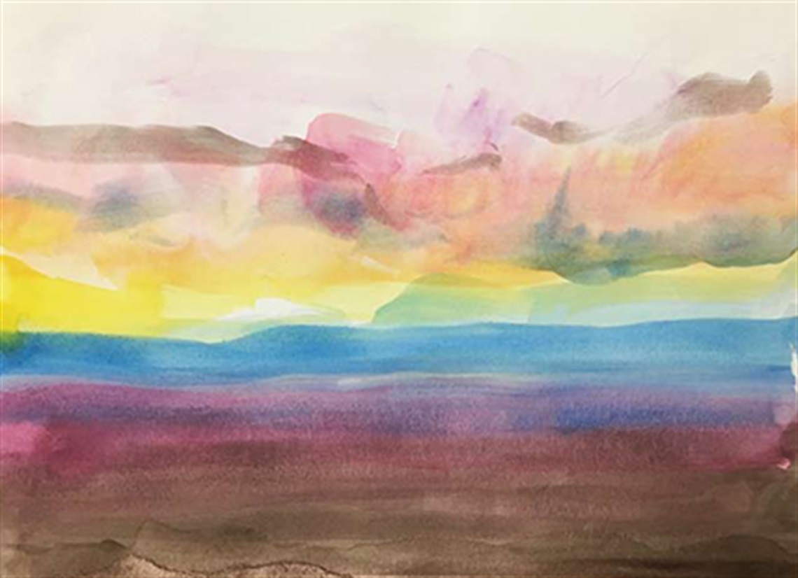 DialysArt Sunset in the Desert watercolour painting by Andrew 2019 at Frankston Arts Centre