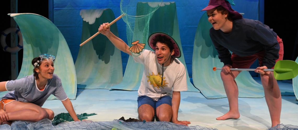 Magic Beach 3 cast members catch a shell in a net Frankston Arts Centre