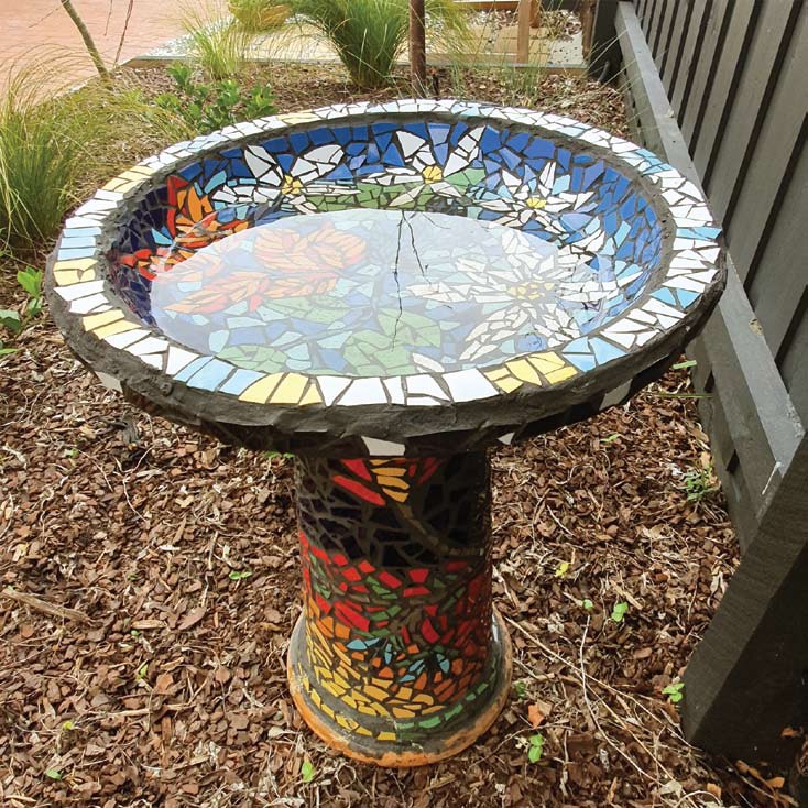 DialysArt Mosaic birdbath mixed media group collaboration 2019 at Frankston Arts Centre