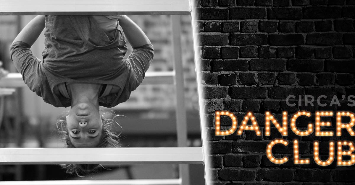Circa's Danger Club promo featuring a woman hanging upside down under a ladder at Frankston Arts Centre